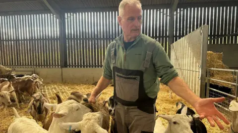 Farmer Martin Boyd, who is wearing a green top and dungarees, stands in a barn surrounded by white, grey and black coloured goats.
