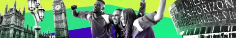 Banner with green and purple colours. There's an image of people celebrating surrounded by UK landmarks. 