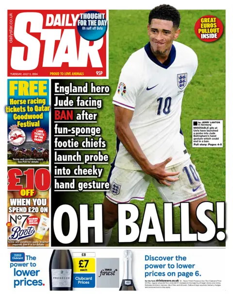 The headline in the Star reads: "England hero Jude facing ban after fun-sponge footie chiefs launch probe into cheeky hand gesture". 