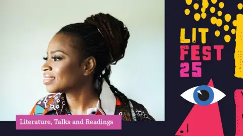 Wolverhampton Literature Festival Author Abi Daré pictured smiling with her hair in soft locs tied in a high bun. She wears a multi-coloured shirt and looks to the left. Around her are logos for the festival which include a human eye and the words "Lit Fest 25" and underneath her, the words "Literature, Talks and Readings".