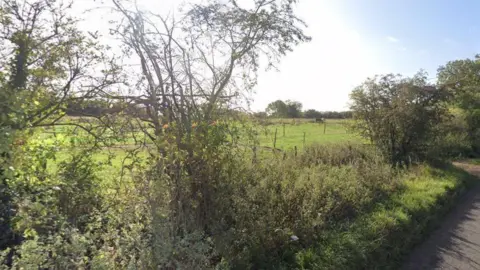 Google A field with a border of bushes and small trees by a road