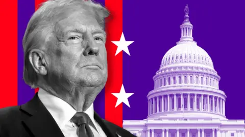 BBC An image of Donald Trump and the US Capitol on a purple background with red stripes and white stars.