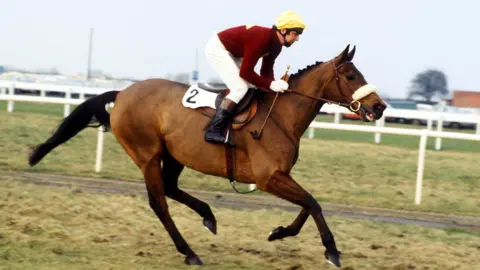 Getty Images A racing horse photo taken while a horse is racing with its jockey on its back. The horse is brown with black legs. The jockey is in a red top with white trousers and yellow cap. 