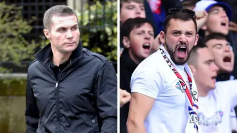 Composite image of two men. Steven Lyons has cropped brown hair and is wearing a black jacket with the collar turned up. He is looking off to the left with a serious expression on his face. Ross McGill, who is wearing a tight white t-shirt and a red scarf, roars at a football match with a crowd in the background.