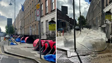 BBC Left image shows tents used by asylum seekers, the right image shows cleaners hosing Mount Street
