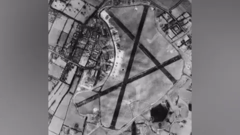 Bovingdon Airfield Studios A black and white ariel view of Bovingdon Airfield in the 1940s