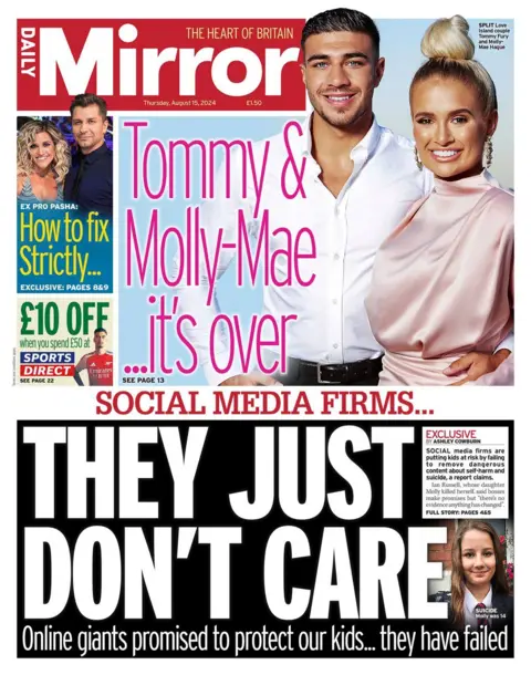 The headline on the front page of the Daily Mirror reads: "Social media firms...They just don't care"