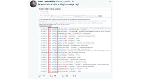 Twitter/@omar_quraishi Tweet showing a picture of the Wikipedia edits page for Calibri font and message saying "that's a lot of editing for one day!"