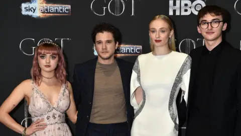 Getty Images Maisie Williams, Kit Harington, Sophie Turner and Isaac Hempstead Wright attend Belfast screening on Friday night