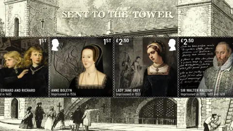 PA Media Anne Boleyn, Sir Walter Raleigh, Lady Jane Grey and Princes Edward and Richard on stamps