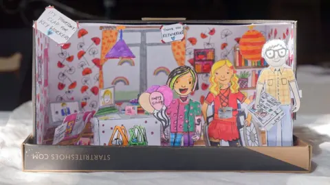 a family box created by a child showing a family made of cut out pieces of paper inside a shoebox