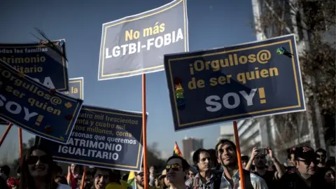 Getty Images Activists take part in the Gay Pride Parade in Santiago on July 1, 2017.