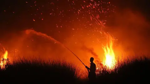 The silhouette of a local villager trying to extinguish a wildfire in Palangka Raya, Central Kalimantan