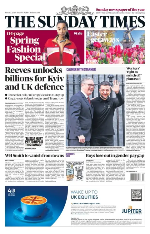 La portada de The Sunday Times dice: "Reeves desbloquea miles de millones para Kyiv y la defensa del Reino Unido". 