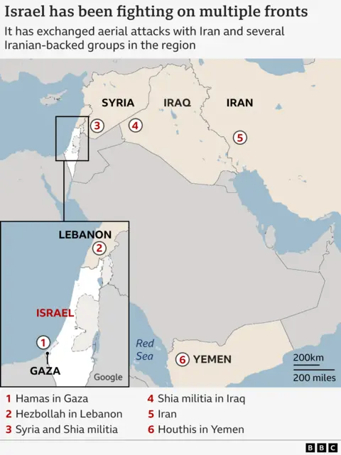 Map showing areas in which Israel has been fighting, for example Hamas in Gaza and Hezbollah in Lebanon