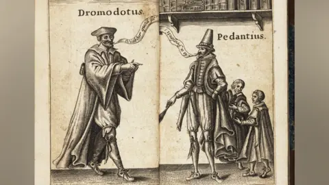 The Cromwell Museum A black line drawing or woodcut across two open sepia-coloured pages of a book. It shows two early 17th Century men, one on the left with Dromodotus written above his head and the other on the right, with Pendantius written to his right. Behind the right-hand man are two small children and above them is a shelf with a row of books.