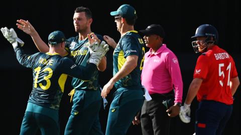 Australia's Josh Hazlewood celebrates a wicket against England in the 2024 T20 World Cup