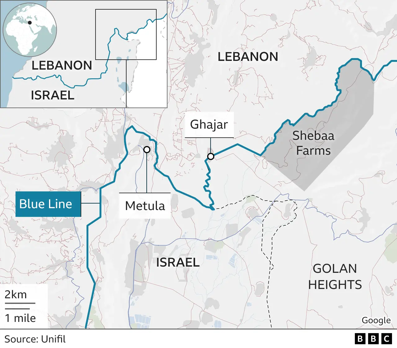 Map showing the Blue Line, Lebanon, Israel and Golan Heights