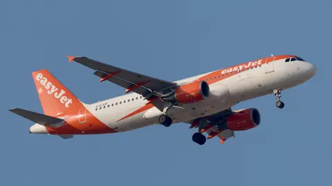 An orange-and-white coloured Easyjet plane in the sky, pictured from below.