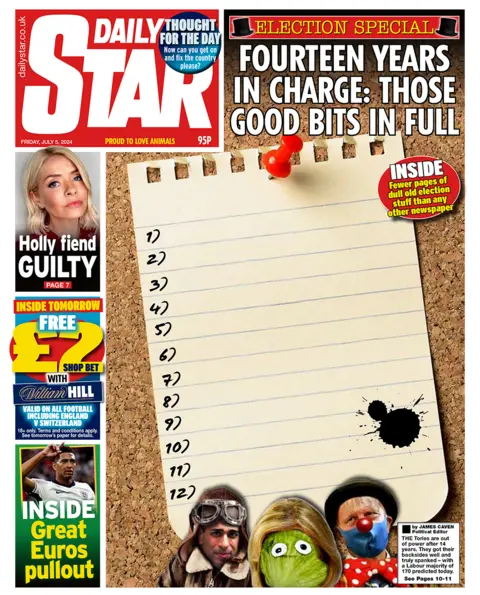 The headline in the Star reads: "Fourteen years in charge: Those good bits in full". Beneath it is a black sheet of paper.