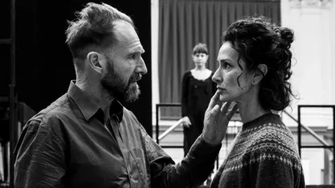 Matt Humphrey MACBETH in rehearsals. Ralph Fiennes (Macbeth) and Indira Varma (Lady Macbeth)