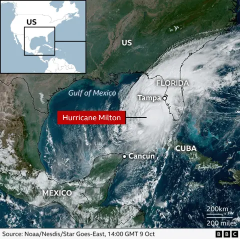 An annotated satellite image shows the location of Hurricane Milton in the Gulf of Mexico, with locations marked including Mexico and Tampa in the US state of Florida. It is dated 14:00 GMT on 9 October