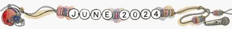 Watercolour-style illustration of a colourful wrapped beads threaded on a cord spelling "JUNE 2024"