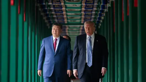 US President Donald Trump and Chinese President Xi Jinping tour Zhongnanhai Garden on May 15, 2026 in Beijing, China.