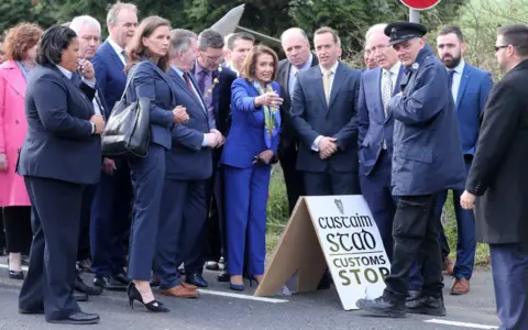 Niall Carson/PA Nancy Pelosi met politicians and anti-Brexit campaigners on the Londonderry/Donegal section of the border