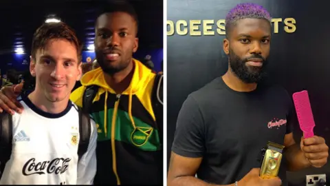 Joel Grant A composite of two images. The left image shows Argentinian footballer Lionel Messi stood with Jamaican footballer Joel Grant, both wearing their countries' tracksuits. The right image shows Joel Grant holding a shaver and a comb in a barbers shop.