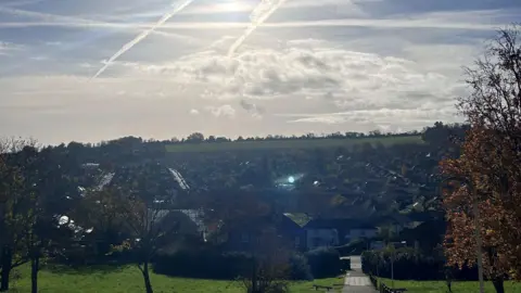 A look down into Guildford, the sun in shining. In the centre of the image is lots of buildings, in the background is fields and trees. There are three trees in the foreground of the image. 