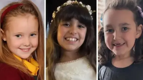 PA Media Three images of young girls posing for the camera - one with red hair and in school uniform, one with long dark hair and in a cream dress, and the other in a grey T-shirt with her brown hair in bunches
