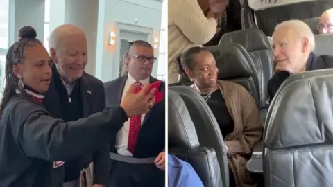 Biden is talking a selfie on the left and sitting on the plane on the right.