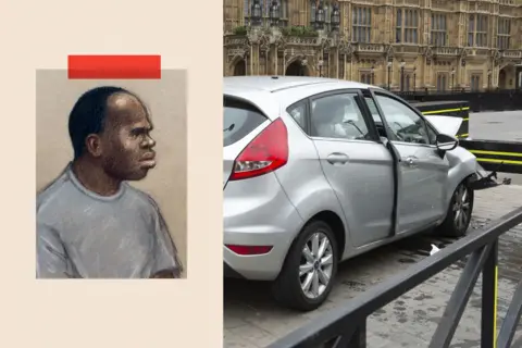 BBC/ Metropolitan Police This is a montage image containing a court sketch of Salih Khater, appearing at Westminster Magistrates' Court, and the silver Ford Fiesta 