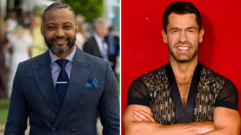 Getty Images A composite image of two photos. On the left is JB Gill, who is smiling at the camera and wearing a blue blazer jacket, a blue and white stripy shirt and a navy tie. On the right is Kelvin Fletcher in a low cut black dancing top which has sequins on it. He has his arms folded and is smiling at the camera with short brown hair.