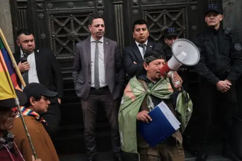 NATALIA FAVRE Néstor Jérez speaking to his community before entering the National Congress to have a meeting with the authorities in Buenos Aires