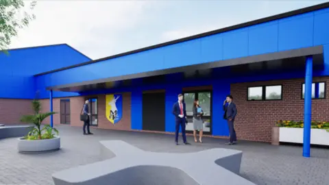 SJI Designs A CGI view of outside the new changing rooms, gym and sports hall
