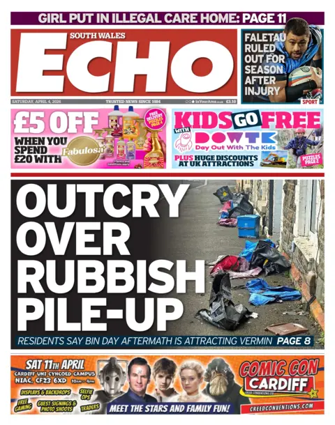 South Wales Echo Front page of the South Wales Echo with the headline: Outcry over rubbish pile-up, with the subheadline: Residents say bin day aftermath is attracting vermin. Page 8. There is a picture alongside with bins and rubbish sprawled across the street.