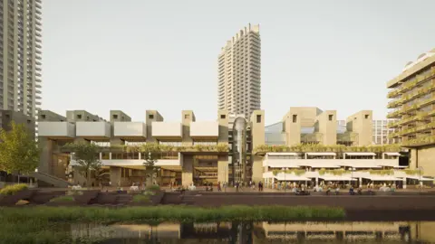Kin Creatives for Allies and Morrison and Asif Khan Studio A computer-generated imagery (CGI) of Barbican Centre works. It shows the outside of the Centre, and various buildings next to it.