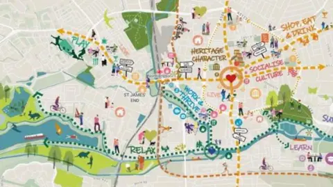 West Northamptonshire Council A drawn map featuring large green areas to the left, roads, footways and buildings. There are areas labelled "heritage character" and "work and thrive" etc. 