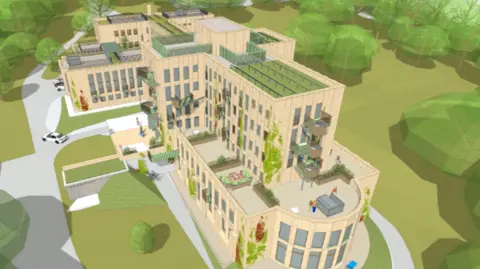 O'LearyGoss Architects The image shows an architect’s design proposal for Prinknash Abbey, presented as a 3D visualisation. It depicts the existing Abbey adapted for residential use, with features such as green roofs, additional terraces, and other modern elements integrated into the original structure.