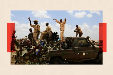 AFP via Getty Images Sudanese Armed Forces (SAF) and troops from Rapid Support Forces (RSF) celebrate after recapturing the Daldako area