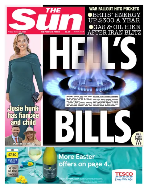 The headline on the front page of the Sun reads: "Hells bills."