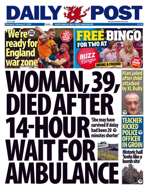 Daily Post The Front page of the Daily Post has a picture of a village sign by a roadside and the headline: Woman, 39, died after 14-hour wait for ambulance