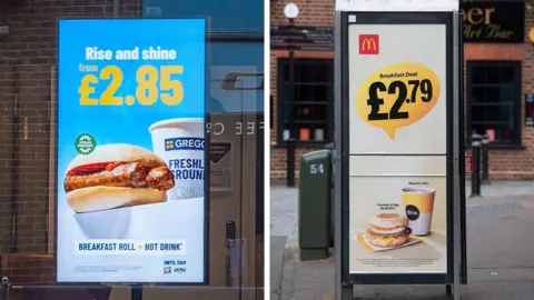 Alamy Split photo showing a Greggs advert in a shop window with a £2.80 breakfast offer and, on the right, a McDonald's advert on a telephone box with a £2.79 breakfast offer