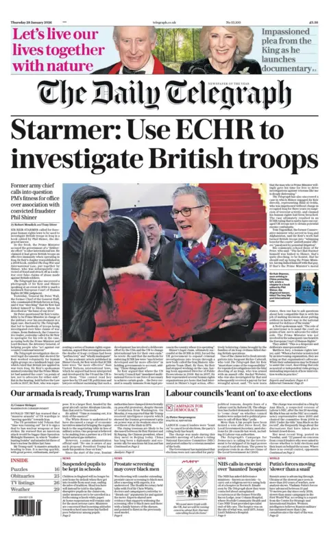 The headline on the front page of the Telegraph reads: "Starmer: Use ECHR to investigate British troops".