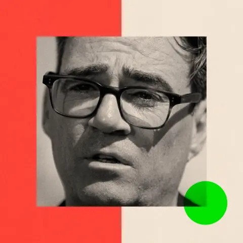 BBC A black and white image of Andy Burnham with a border around which is half cream and half red