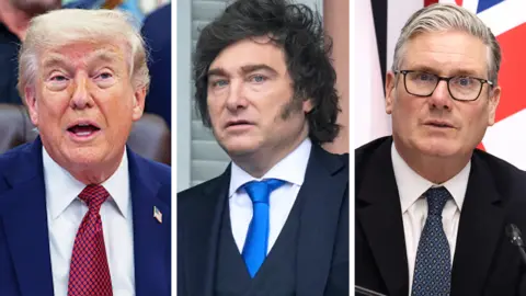 A collage image of Donald Trump (L), Javier Milei (middle), Keir Starmer (R)