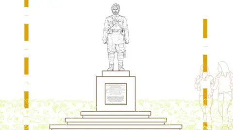 An architectural line drawing of the proposed Sikh War Memorial. The illustration features a statue of a Sikh soldier in historical British Indian Army uniform, including a turban and sword, standing atop a tiered stone plinth. The central pedestal contains a commemorative inscription. Two outlined figures of people walking are shown to the right.