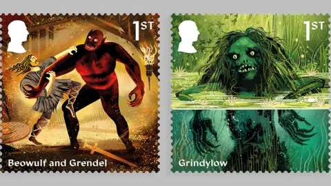 PA Media The stamp on the left shows a fight between Beowulf and Grendel and the stamp on the right a Grindylow, with half its head above water and the rest underwater